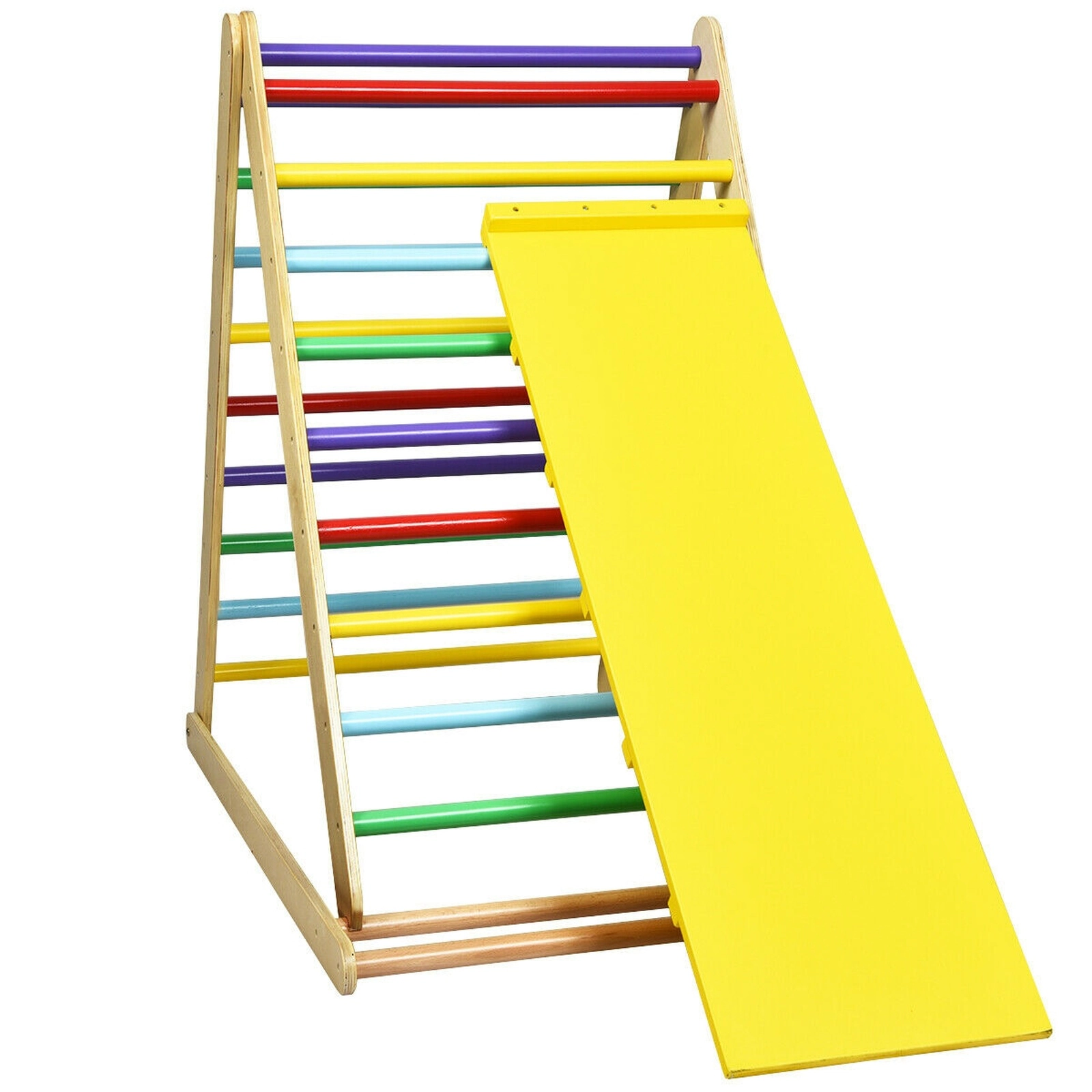 SUGIFT Foldable Wooden Climbing Triangle Ladder with Ramp 132-lb Capacity Ages 6 Months-6 Years Natural/Multicolor
