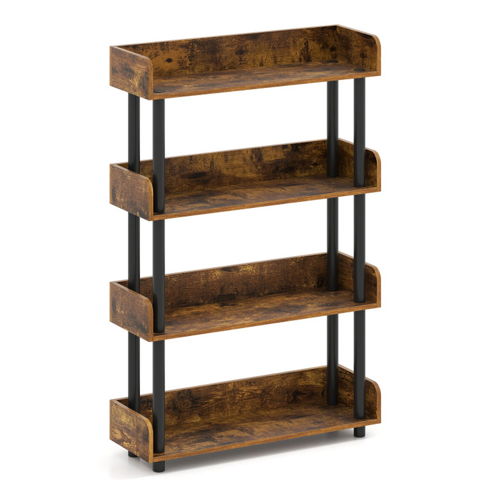 SUGIFT 4-Tier Open Bookshelf with Guardrails and Anti-Tipping Kit Bookcase 33-lb Per Shelf Capacity Rustic Brown & Black