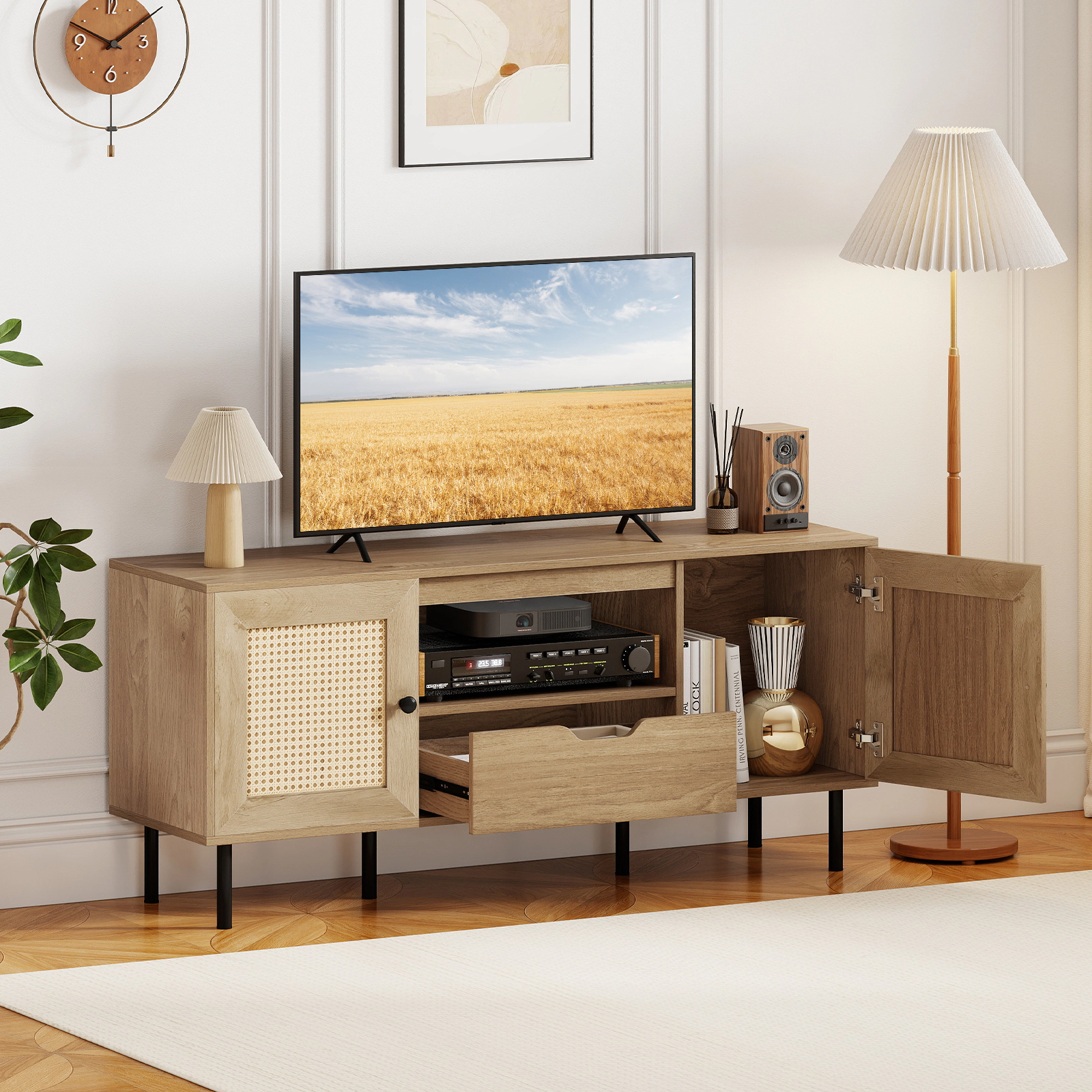 Glintex 52-Inch Boho TV Stand with PE Rattan Doors and Pull-Out Drawer, Natural