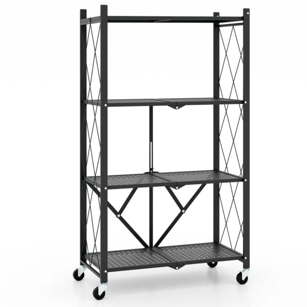 Hivvago 4-Tier Foldable Storage Shelf Collapsible Storage Rack with Lockable Wheels-Black