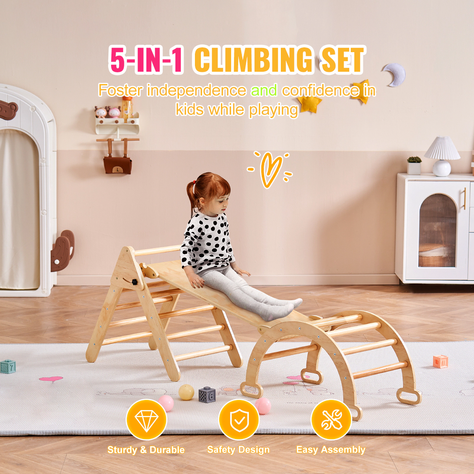 HONGGE Pikler Triangle Set 5 in 1 Toddler Climbing Toys Indoor Playground Ramp and Arch Montessori Climbing Set with