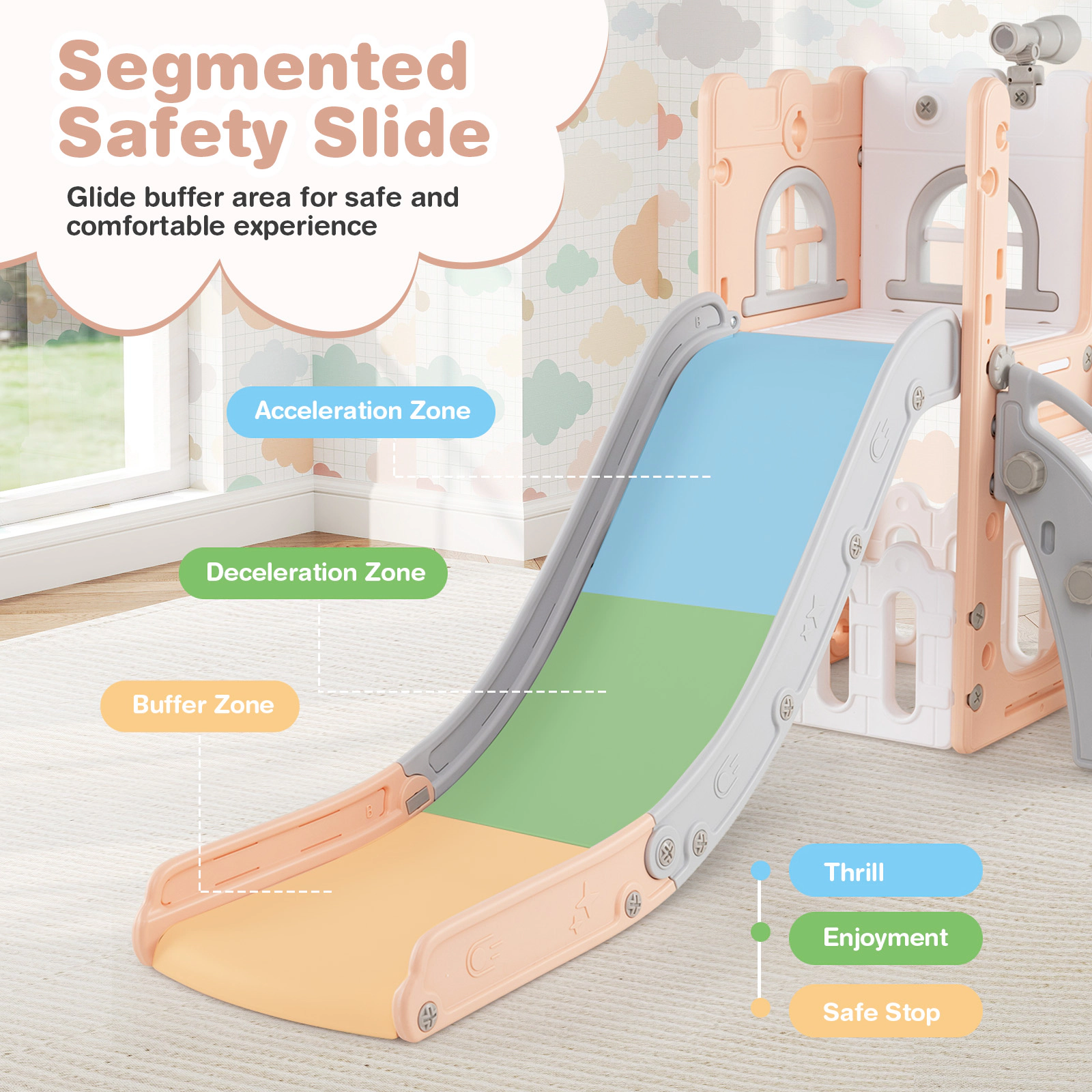 6-in-1 Kids Slide for Toddlers 1-3 L-Shaped Indoor Playground Climber 51-in Slide Basketball Hoop Ladder Pink