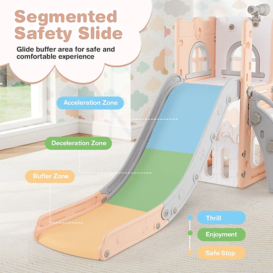6-in-1 Kids Slide for Toddlers 1-3 L-Shaped Indoor Playground Climber 51-in Slide Basketball Hoop Ladder Pink
