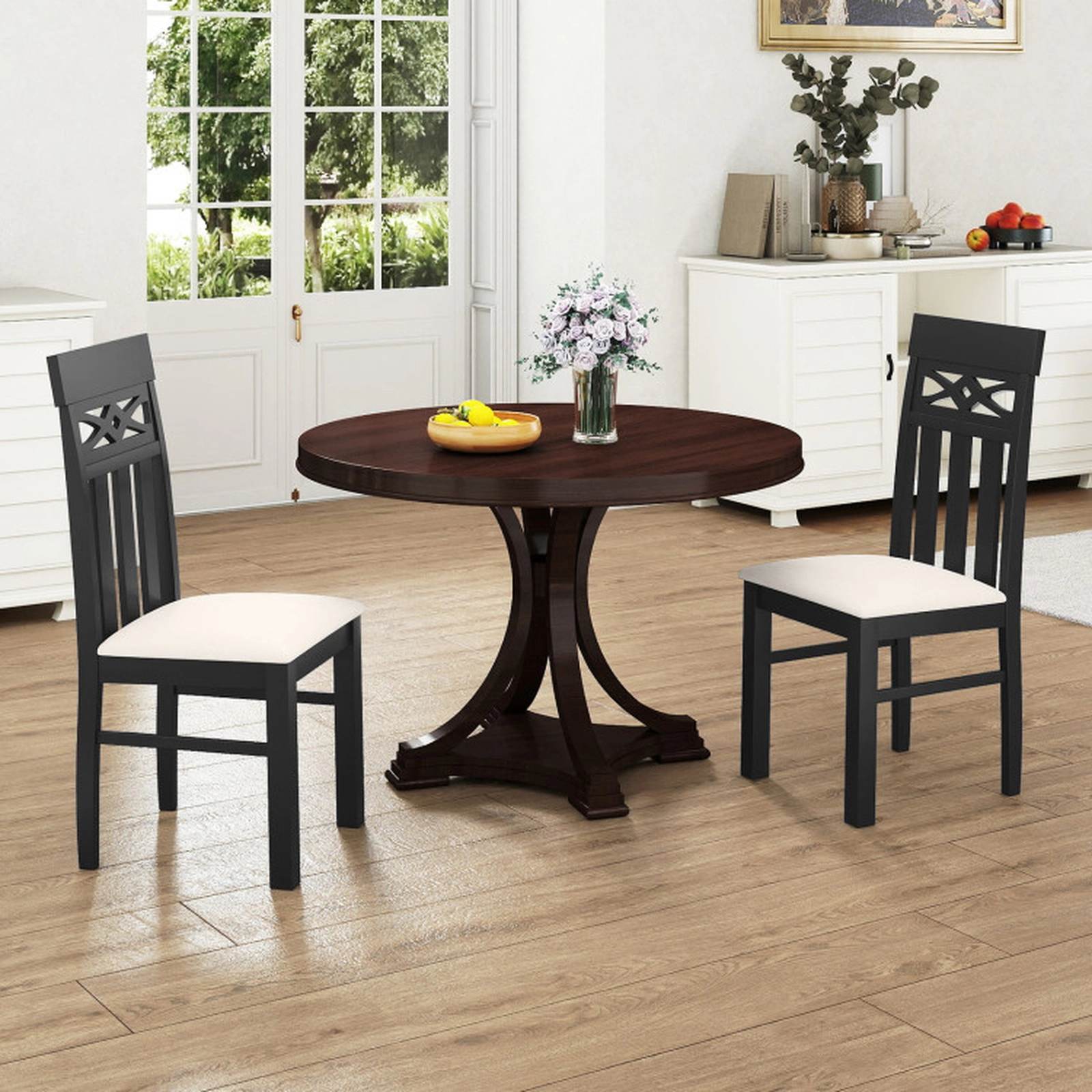 SUGIFT Black High Back Padded Seat and Rubber Wood Frame Set of 2 Dining Chairs
