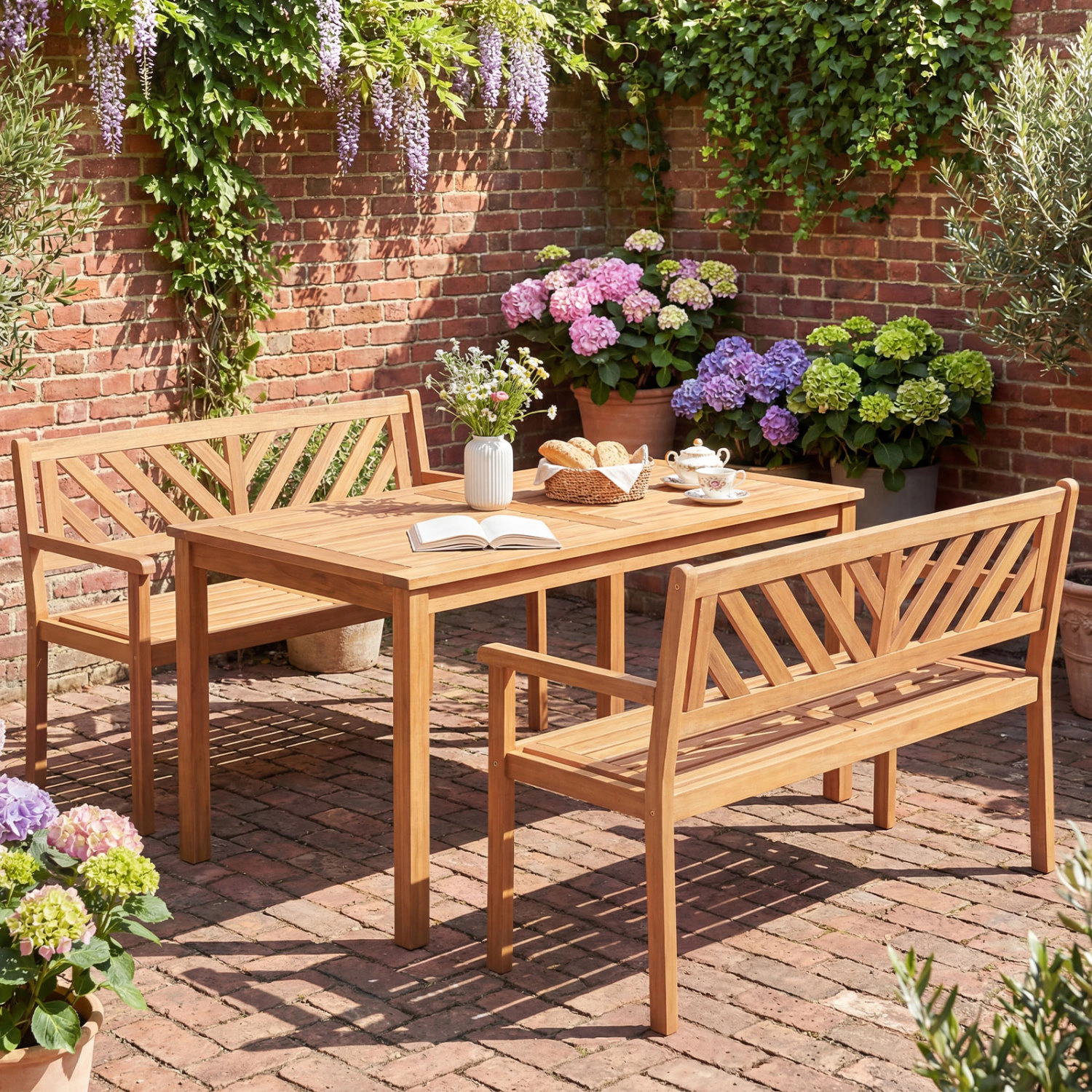 LJG 2-Person Patio Acacia Wood Garden Chair with Armrests and Backrest for Porch