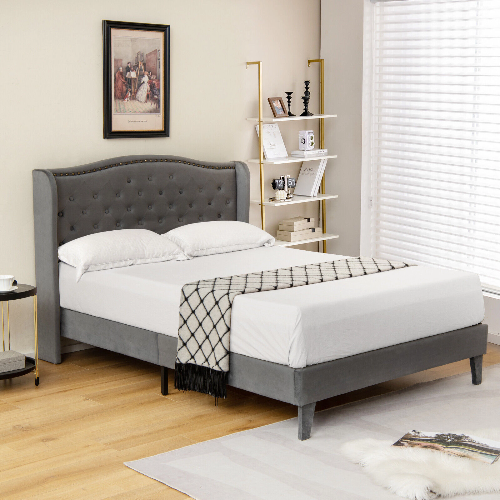 SUGIFT Full/Queen Upholstered Platform Bed Frame with Button Tufted 44-in Headboard 1000-lb Capacity Gray