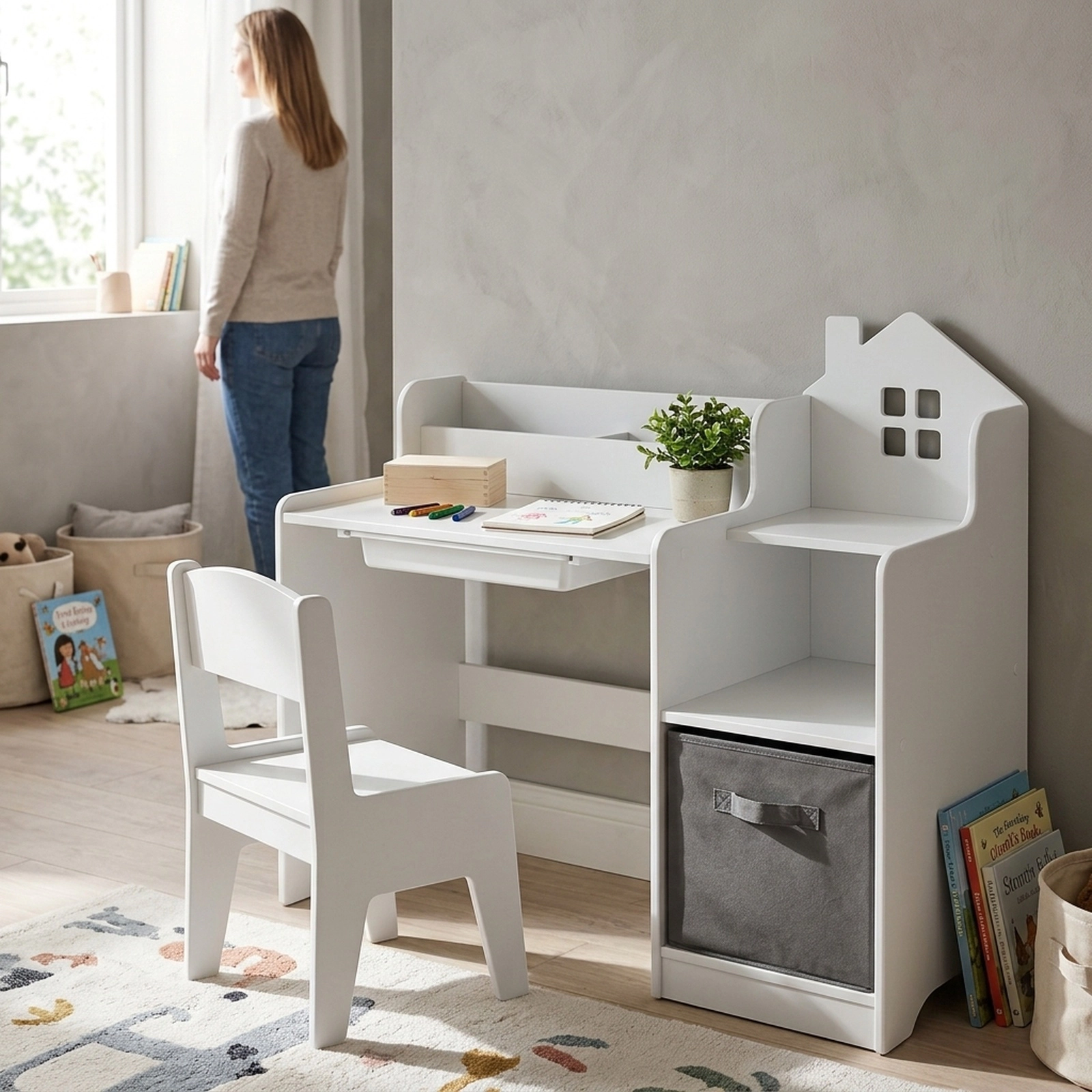 SUGIFT White Kids Desk and Chair Set, 37-Inch Study Desk with Shelves, Drawers and Fabric Bin