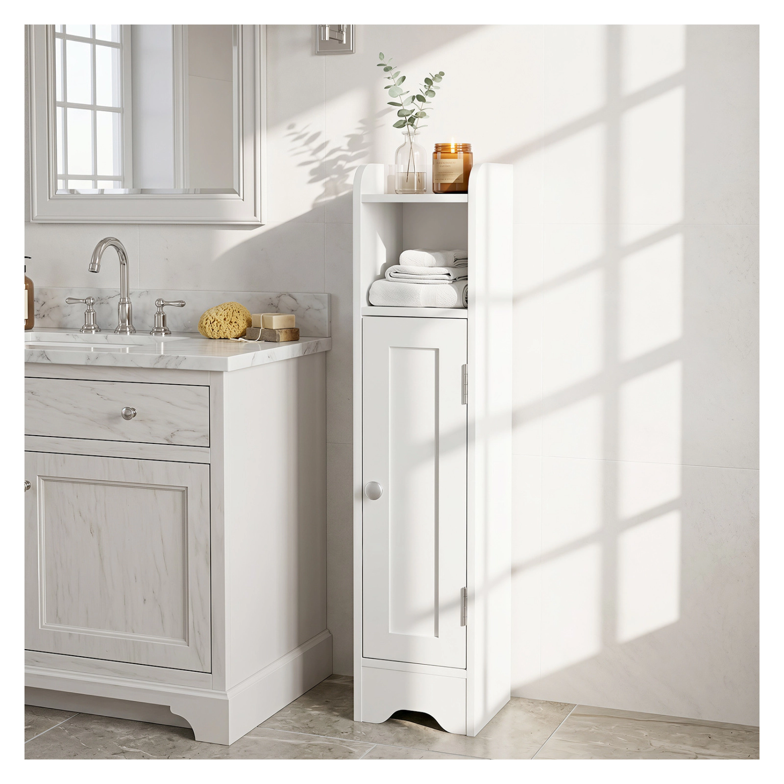 Glintex 7-Inch Slim Corner Cabinet with Raised Edge Top and 2 Adjustable Shelves, White