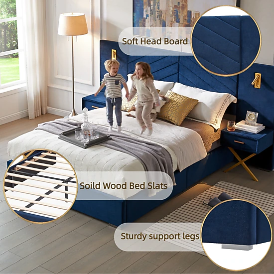 Flynama King Velvet Bed, Channel Tufted Wingback Headboard, Platform with Wooden Slats