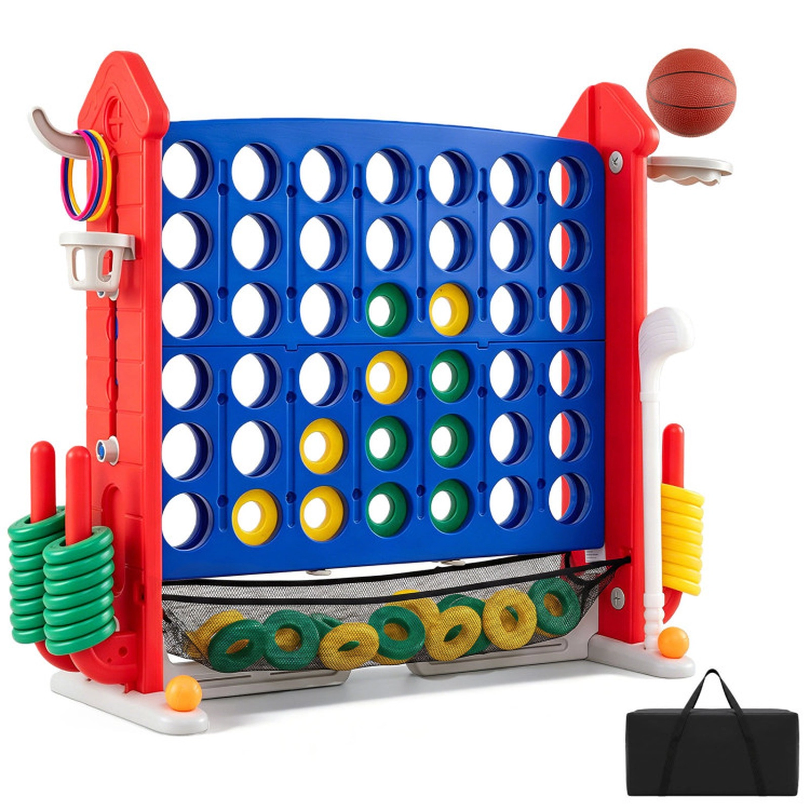 SUGIFT 4-in-1 Height Adjustable 4-in-a-Row Game with Mesh Storage Net Cup Holders and Carrying Bag