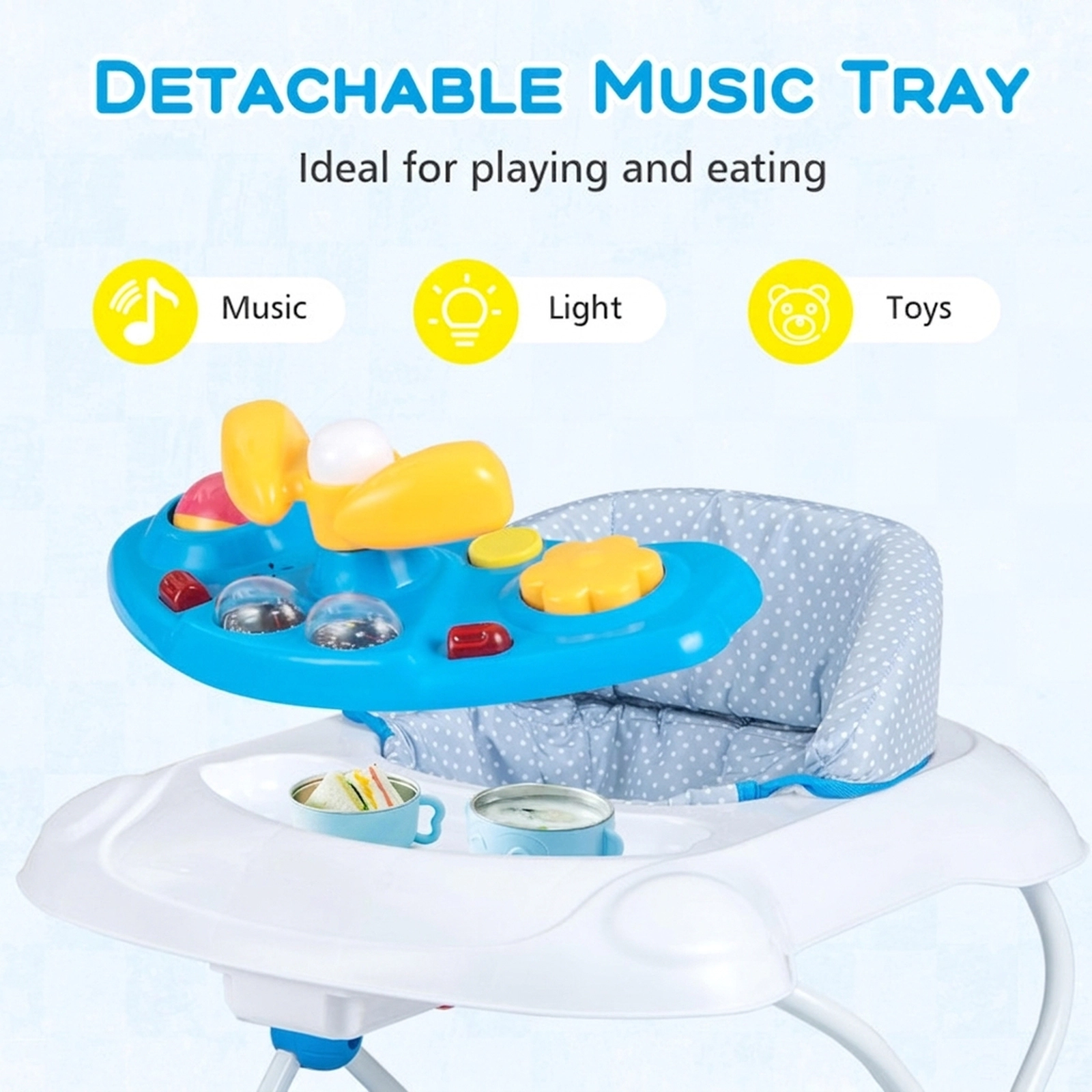 SUGIFT Baby Blue Foldable Walker with Music Tray and 3 Adjustable Heights 24.5-in W 24-in D 26.5-lb Seat Capacity