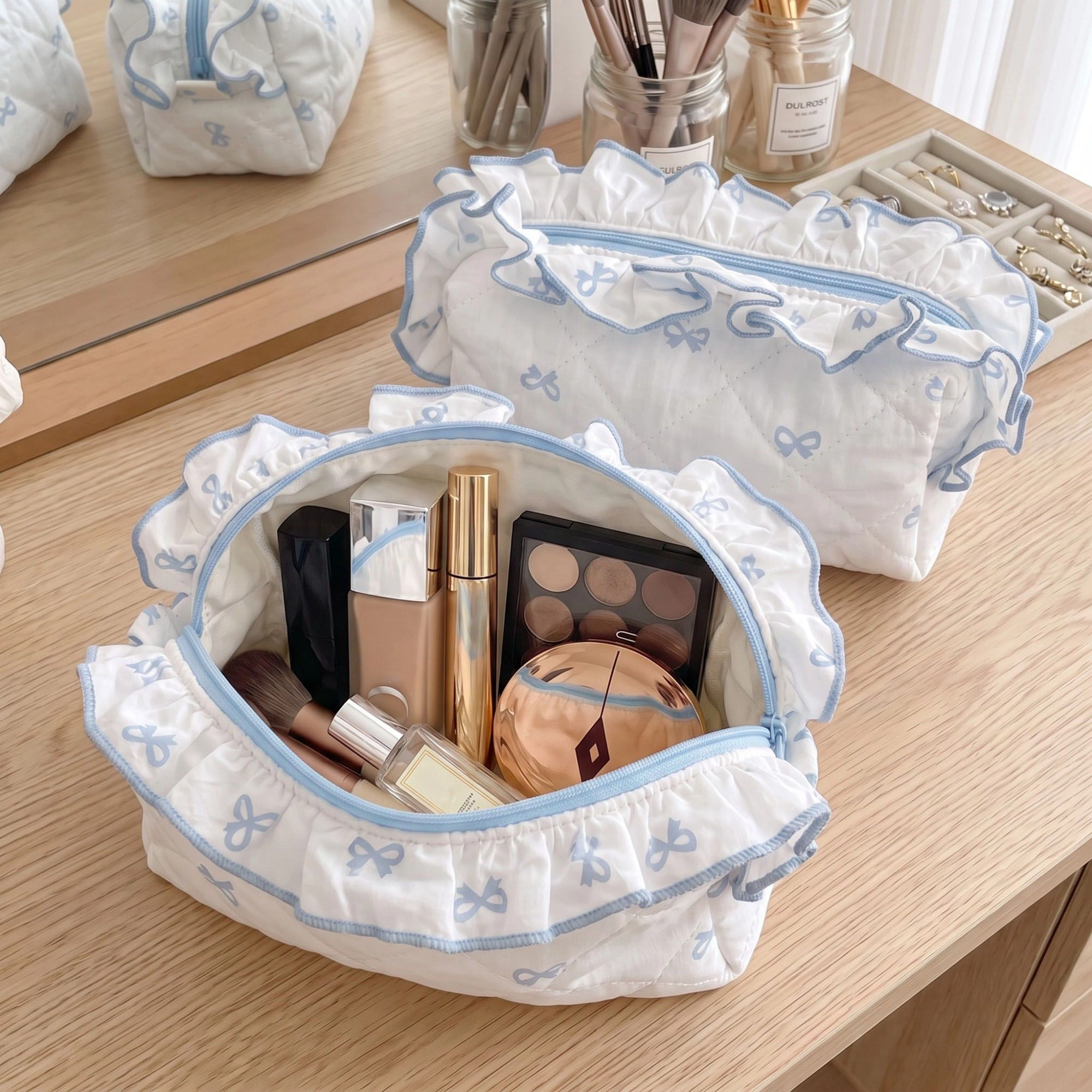Alilang Unisex Quilted Bow Print Cosmetic Bag with Ruffle Trim