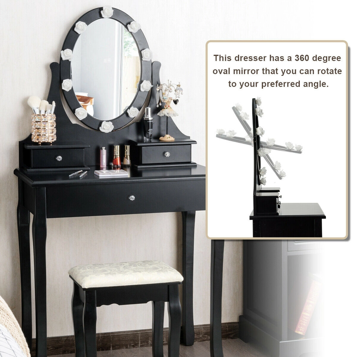 SUGIFT 3-Drawer Lighted Mirror Vanity Dressing Table and Stool Set with 360-Degree Rotating Oval Mirror Black