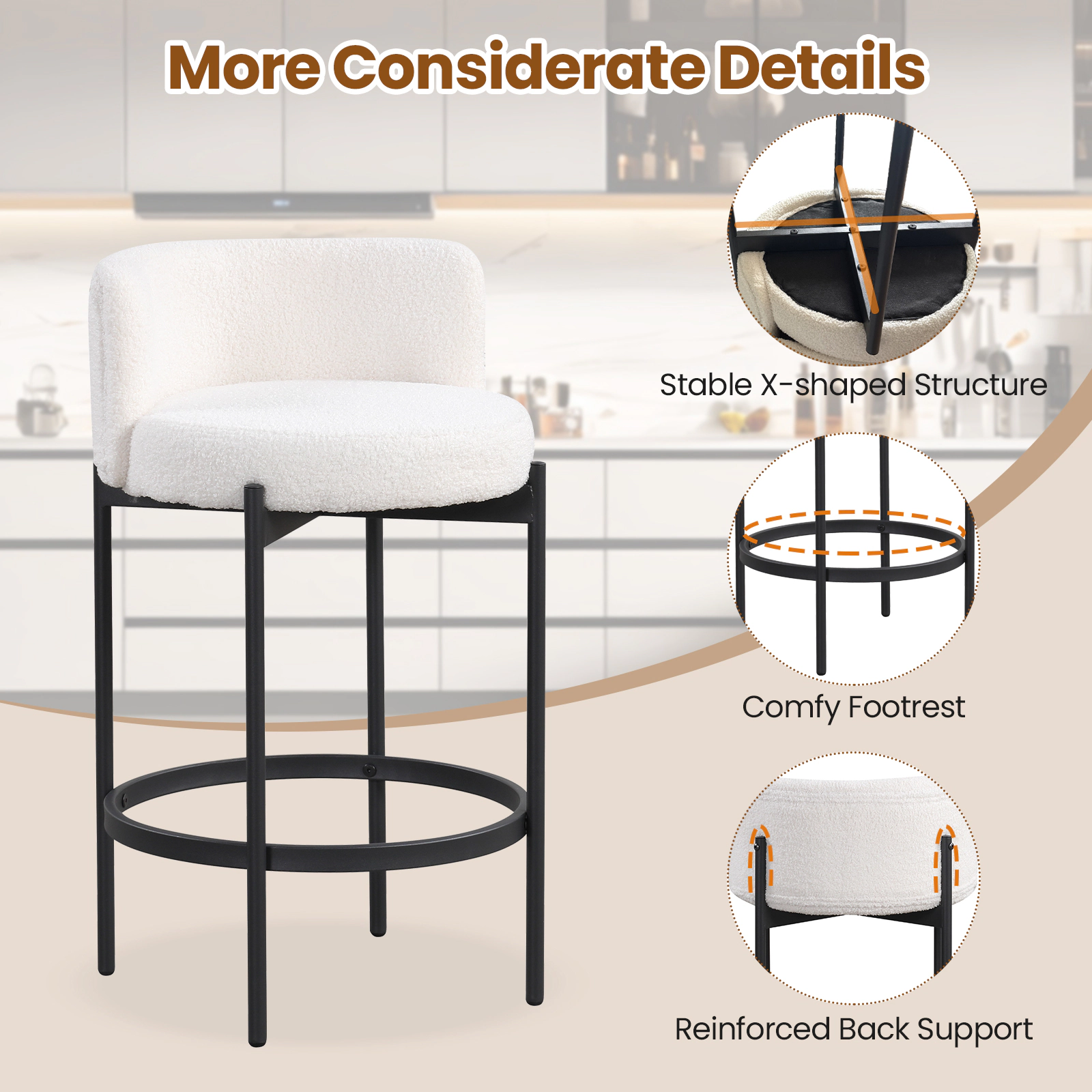 Glintex 4-Piece 24.5-Inch Counter Stool Set with Curved Back and Thick Cushion, Beige