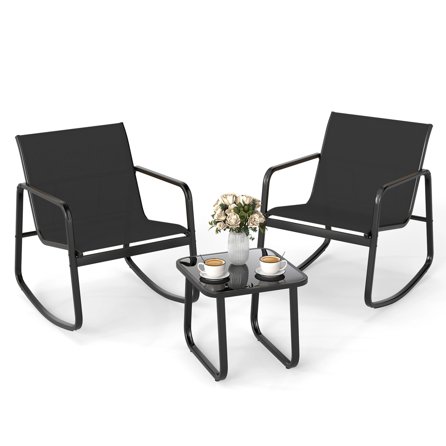 LJG 2 Rocking Bistro Chairs and Glass-Top Table for Porch Yard Balcony