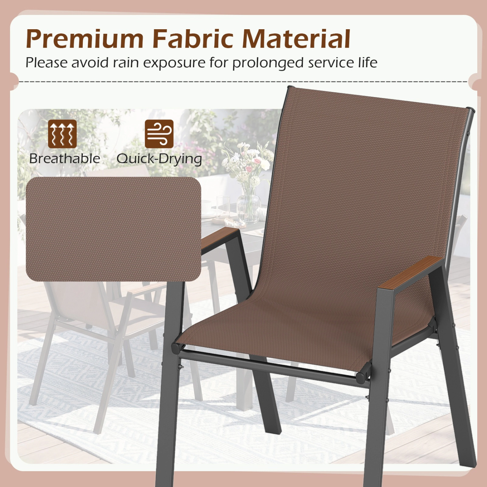 SUGIFT Set of 4 Stackable Patio Sling Chairs with High Backs 400-lb Capacity 22 x 26 x 35 in Brown/Black