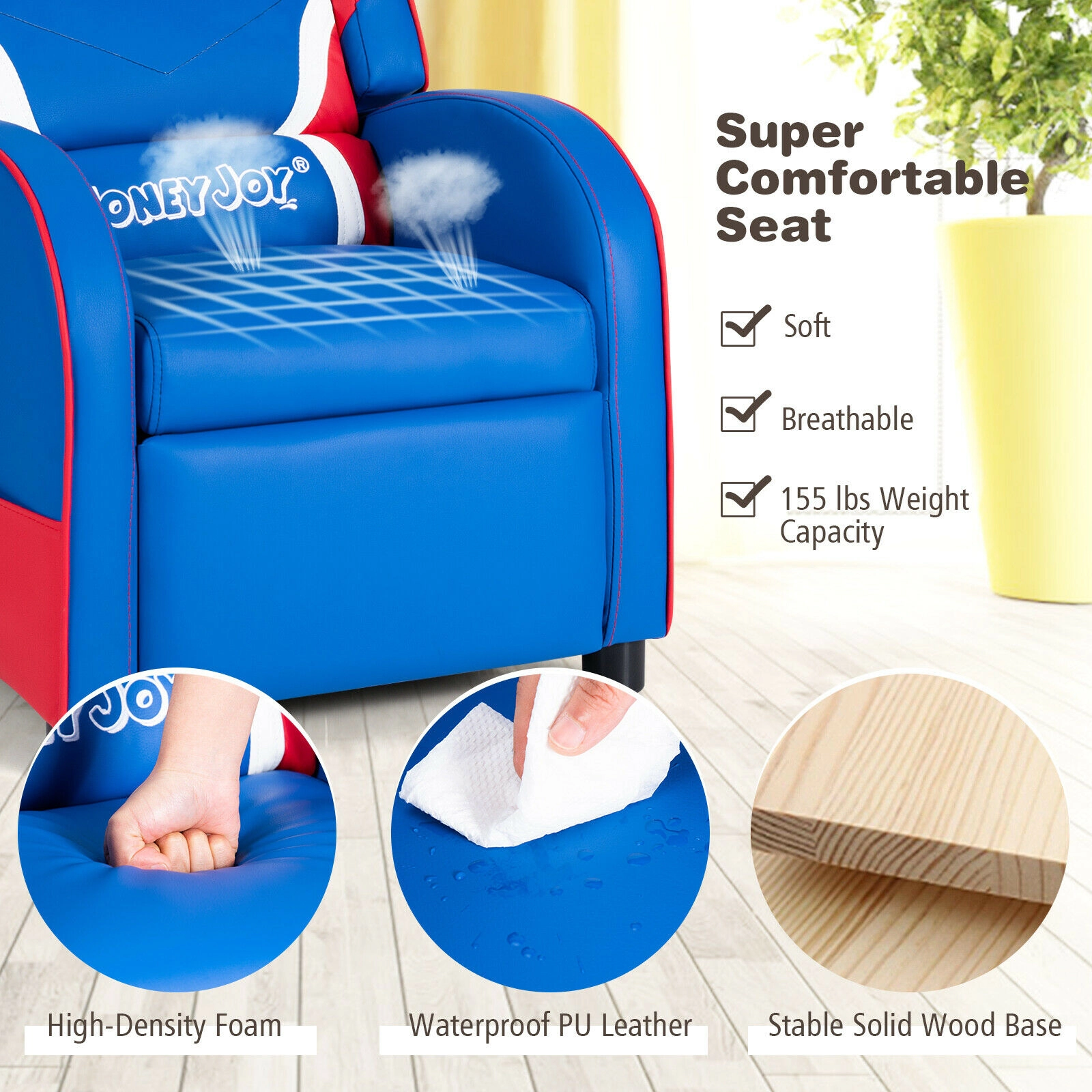 SUGIFT Adjustable PU Leather Kids Recliner Chair with Side Pockets 155-lb Capacity Ages 3-9 30-in Tall Blue