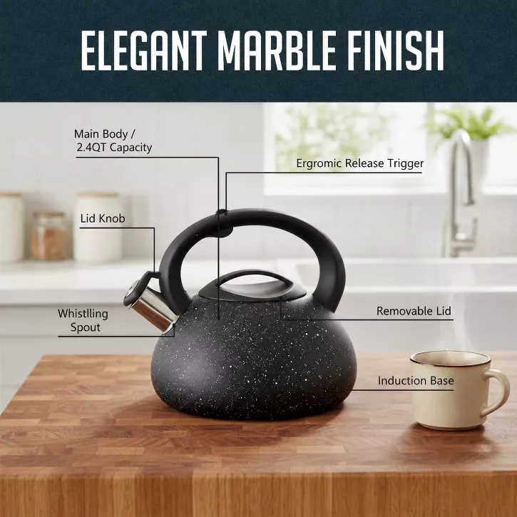 Luminuxe Stainless Steel Whistling Tea Kettle, 2.4qt Fast Boil Pot with Heat Resistant Handle, Tapered Marble Finish