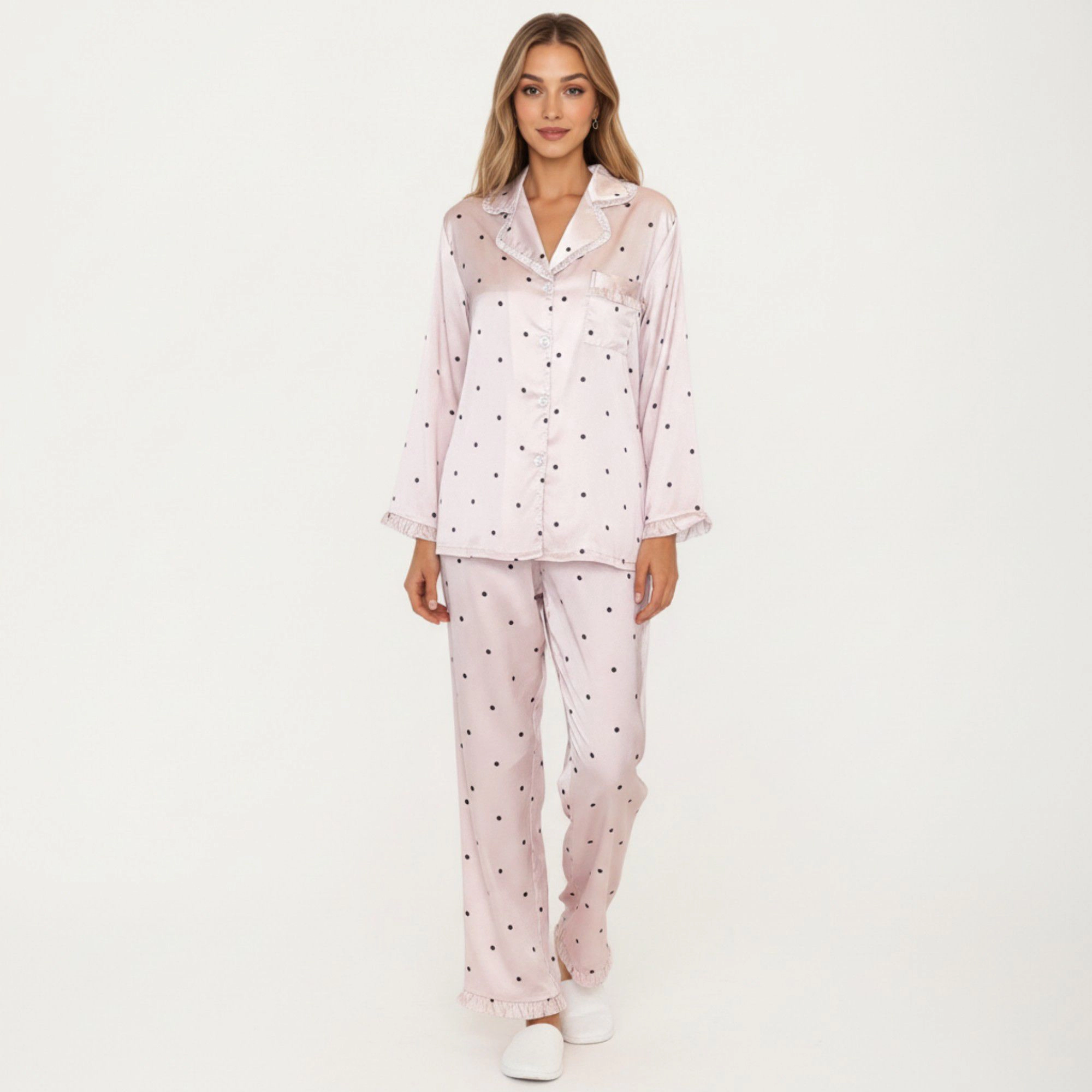 Anna-Kaci Women's 2-Piece Polka Dot Satin Button Front Pajama Top with Ruffle Trim and Matching Relaxed Fit Lounge Pants