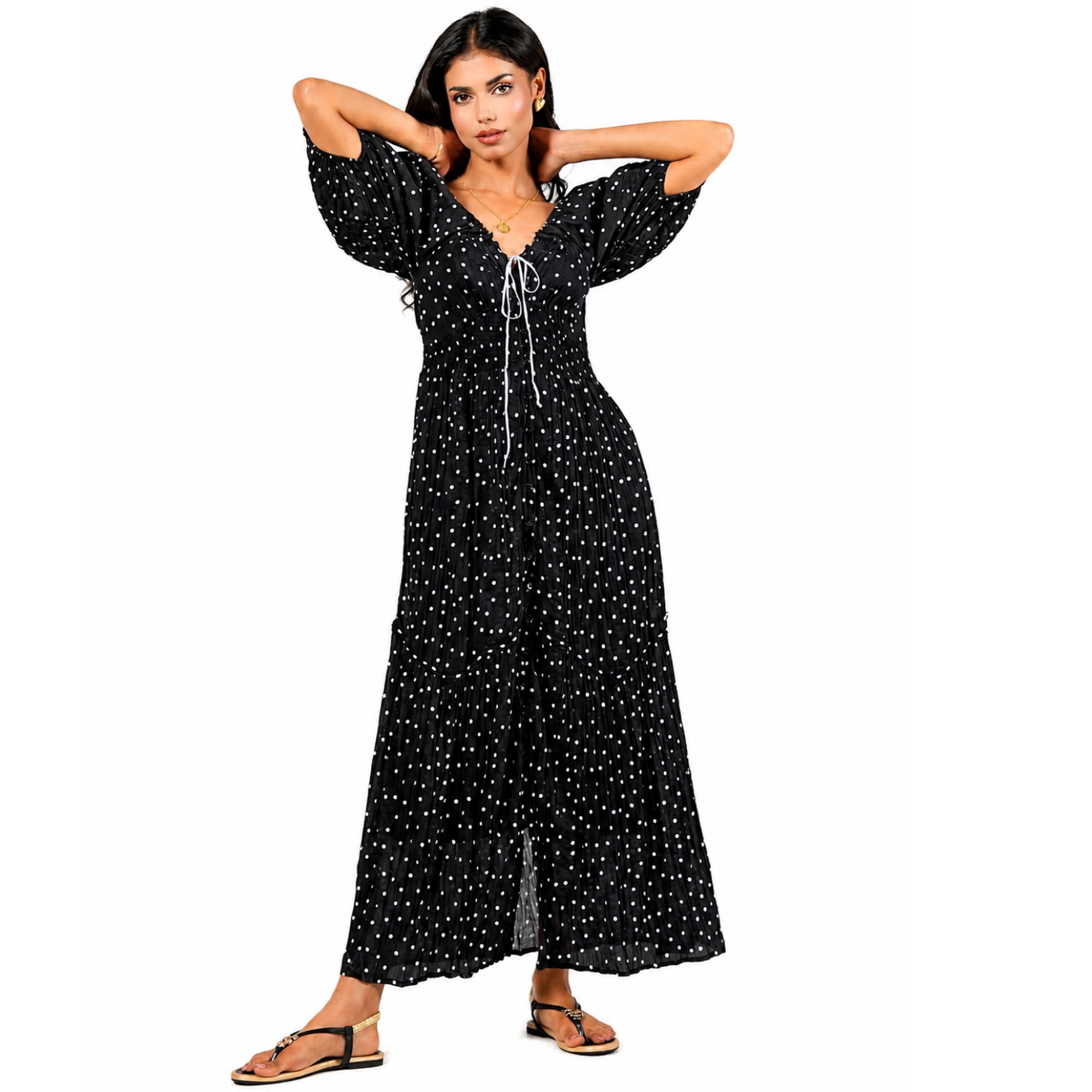 Rose & Nancy Women's Eloise Black Blue Spot Print Cotton Crinkle Maxi Dress
