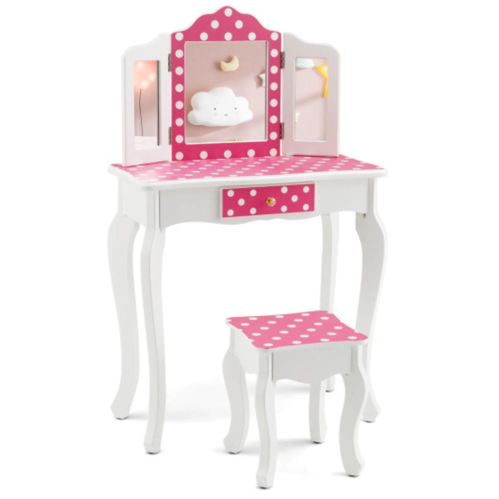 Hivvago Kids Vanity Table And Stool Set With Cute Polka Dot Print-Pink