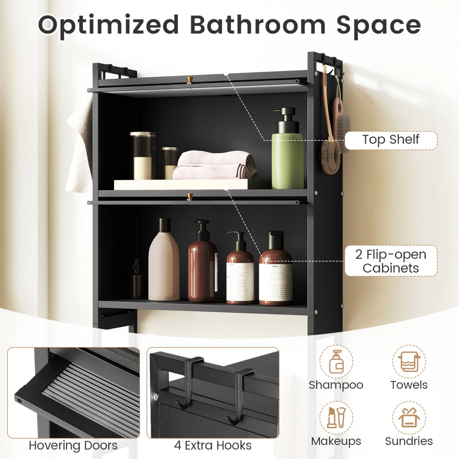 SlickBlue Over Toilet Storage Cabinet with Shelves and Hooks