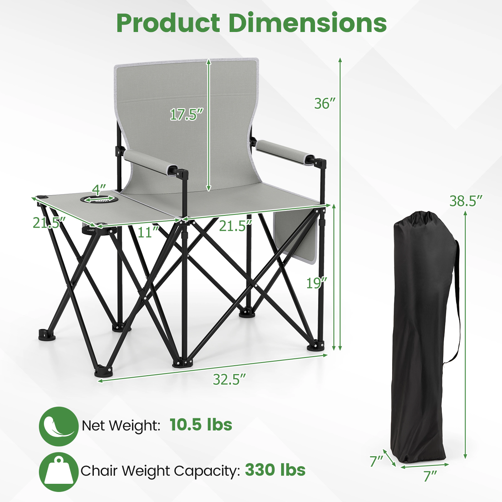 SUGIFT Gray Oversized Camping Chair with Side Table and 2 Storage Pockets 32.5-in W 21.5-in D 330-lb Seat Capacity