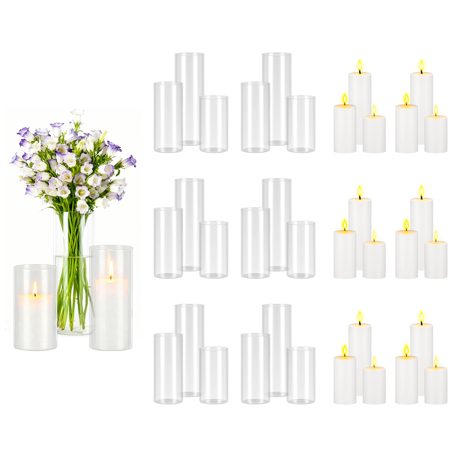 HONGGE Pillar Candles and Glass Vases Set Clear Cylinder Hurricane Candle Holders for Wedding Centerpieces Tall Vase