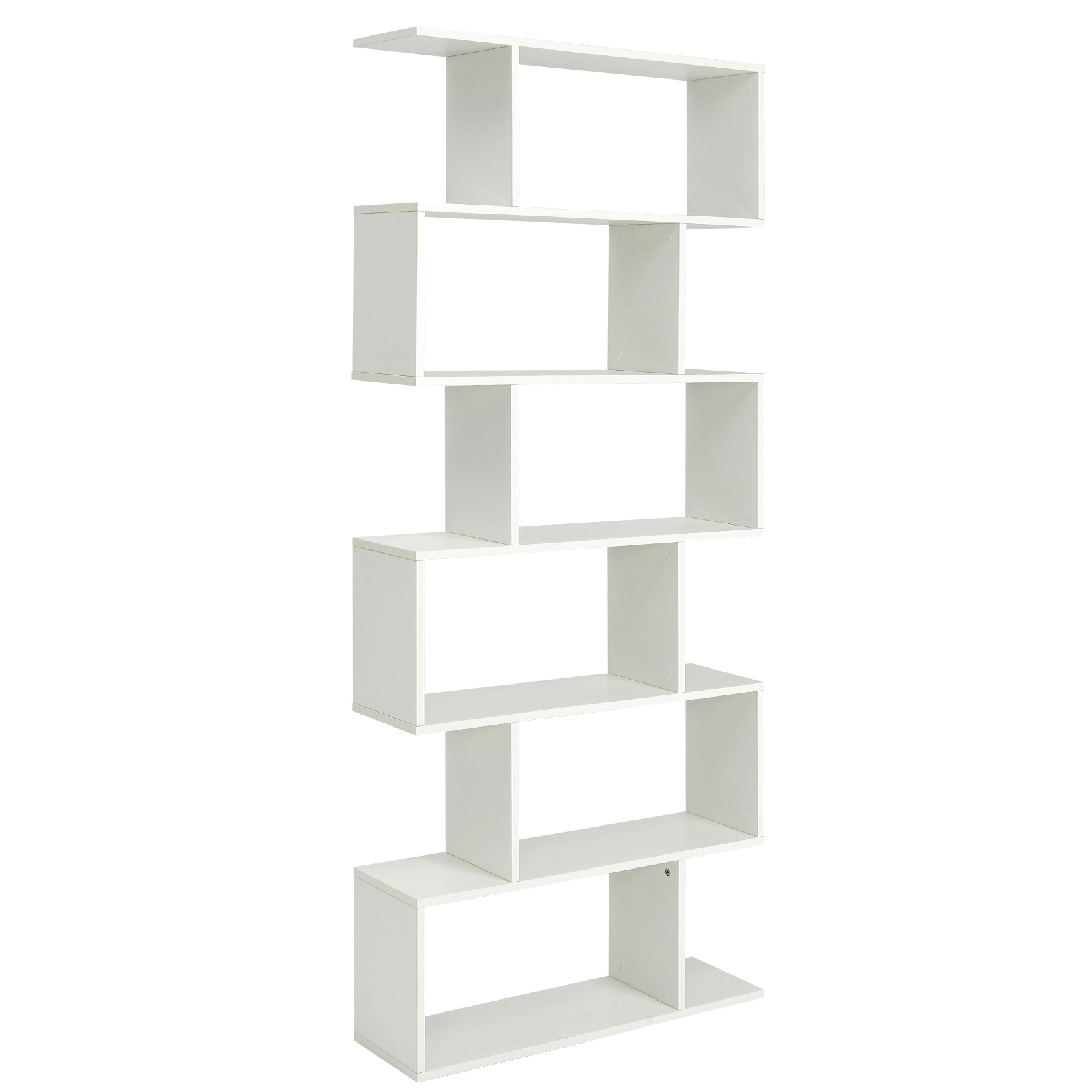 SUGIFT 6-Tier White S-Shaped Bookshelf Z-Shelf with 6 Open Cubes Freestanding Display for Study and Bedroom
