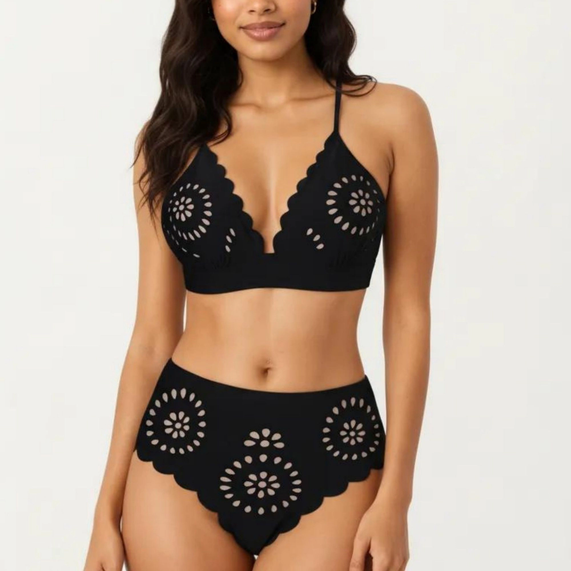 Anna-Kaci Women's 2-Piece Bikini Set with Scalloped Trim Laser Cut Design Triangle Top High Waisted Bottom