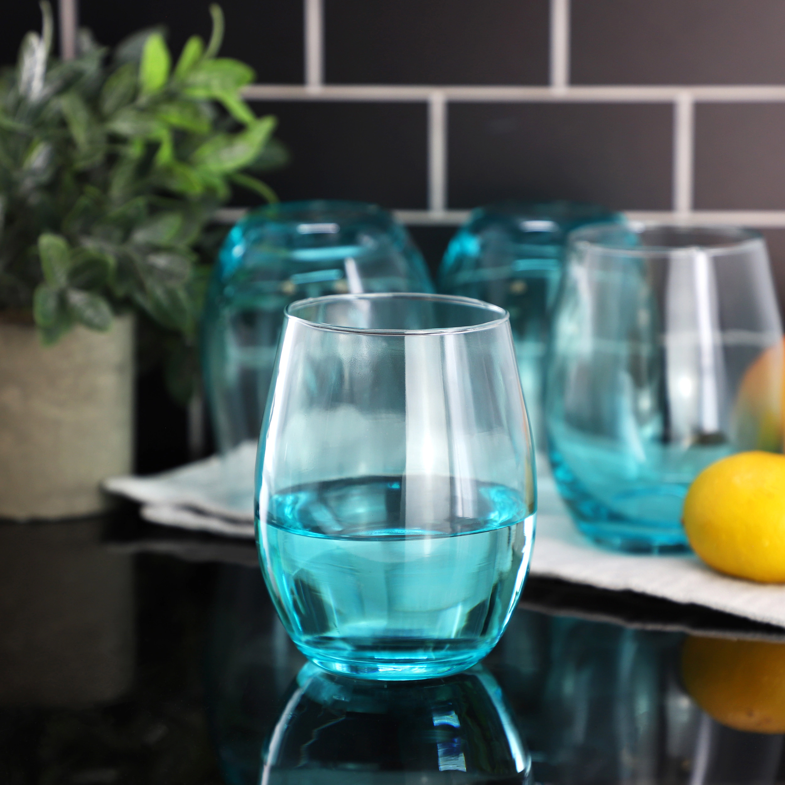 Gibson Home Laguna Lights 4 Piece 18 Ounce Stemless Wine Glass Set in Blue