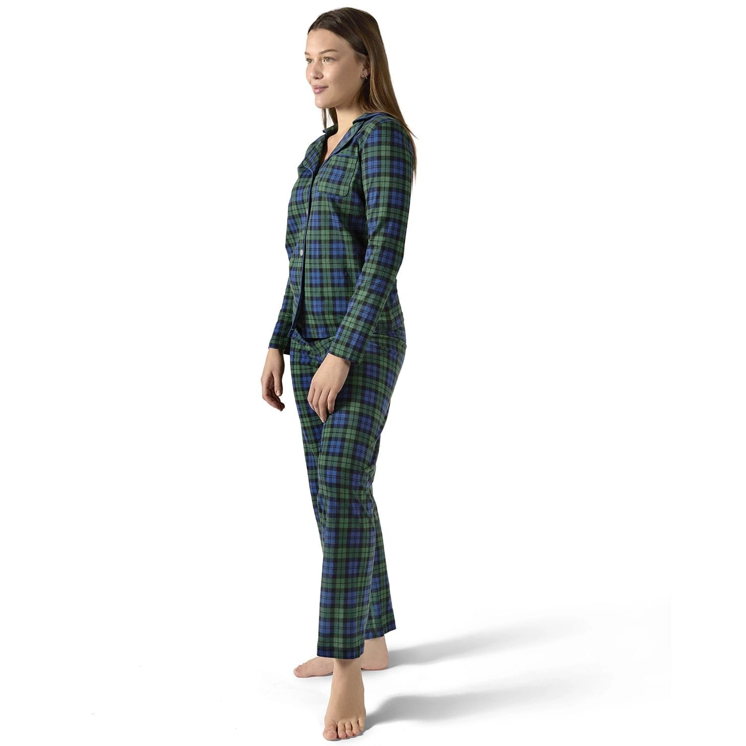 2 Piece Women's Plaid Cotton-Blend Notch-Collar Button-Down Pajama Set a Bag