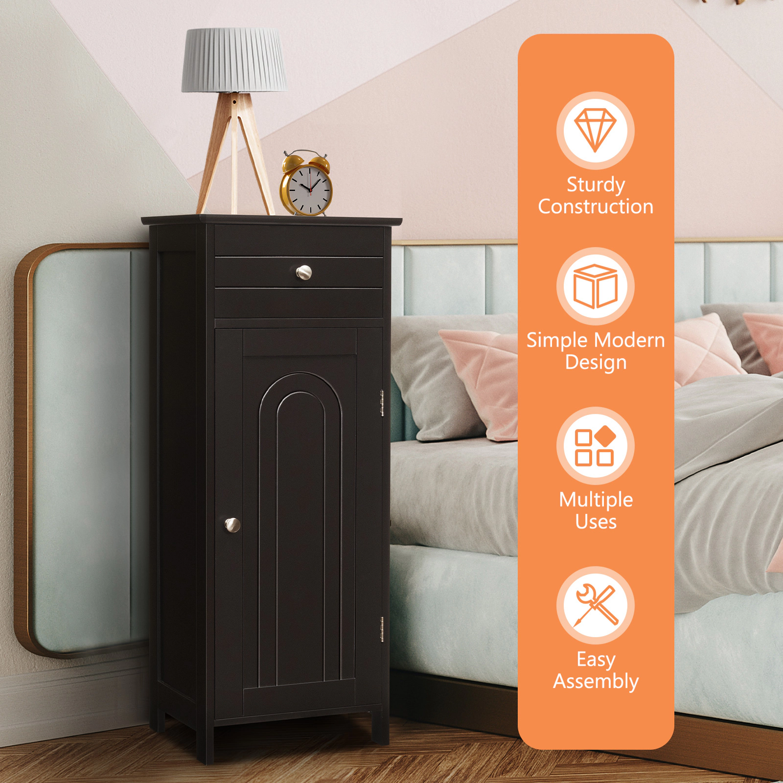 SUGIFT Wooden Storage Free-Standing Floor Cabinet with Drawer and Adjustable Shelves 132-lb Capacity Brown