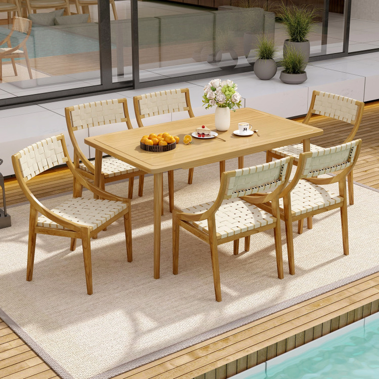 SUGIFT Set of 2 300-lb Capacity Teak Wood Outdoor Dining Chairs with Woven Webbing Seat and Backrest