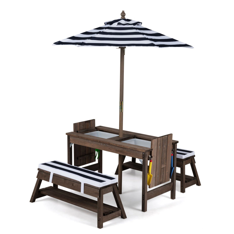 Hivvago Outdoor Kids Wooden Picnic Table And Benches Set With Umbrella