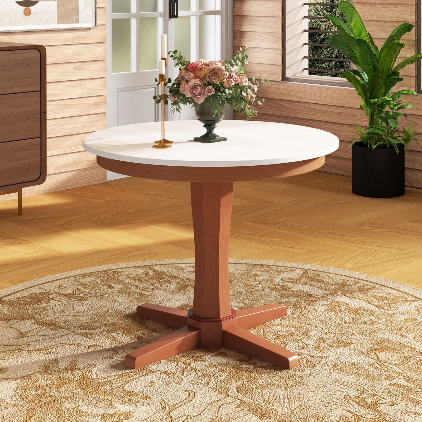 LJG 35 Inches Wooden Round Dining Table with Pedestal Base