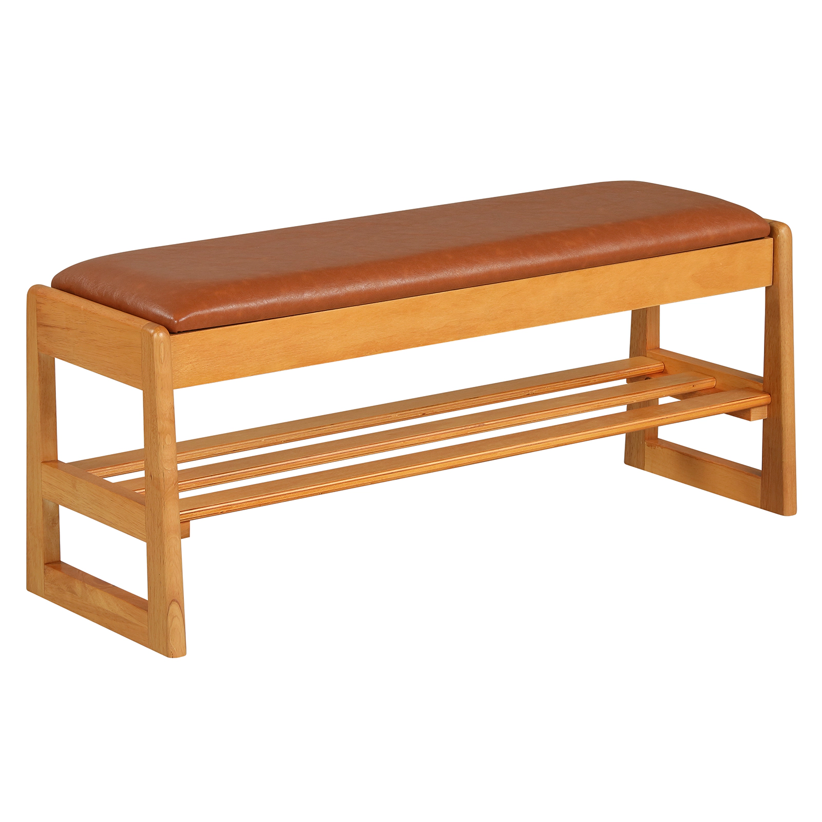 SUGIFT Brown Flip-Open Storage 2-Tier Rubberwood Entryway Bench 40 Inch Shoe Rack Bench