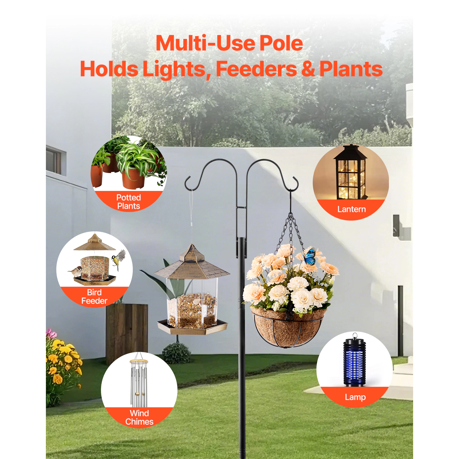 HONGGE Double Shepherds Hooks for Outdoor 8 Pack Heavy Duty Bird Feeder Pole 3/4 Inch Thick Garden Hooks for Hanging