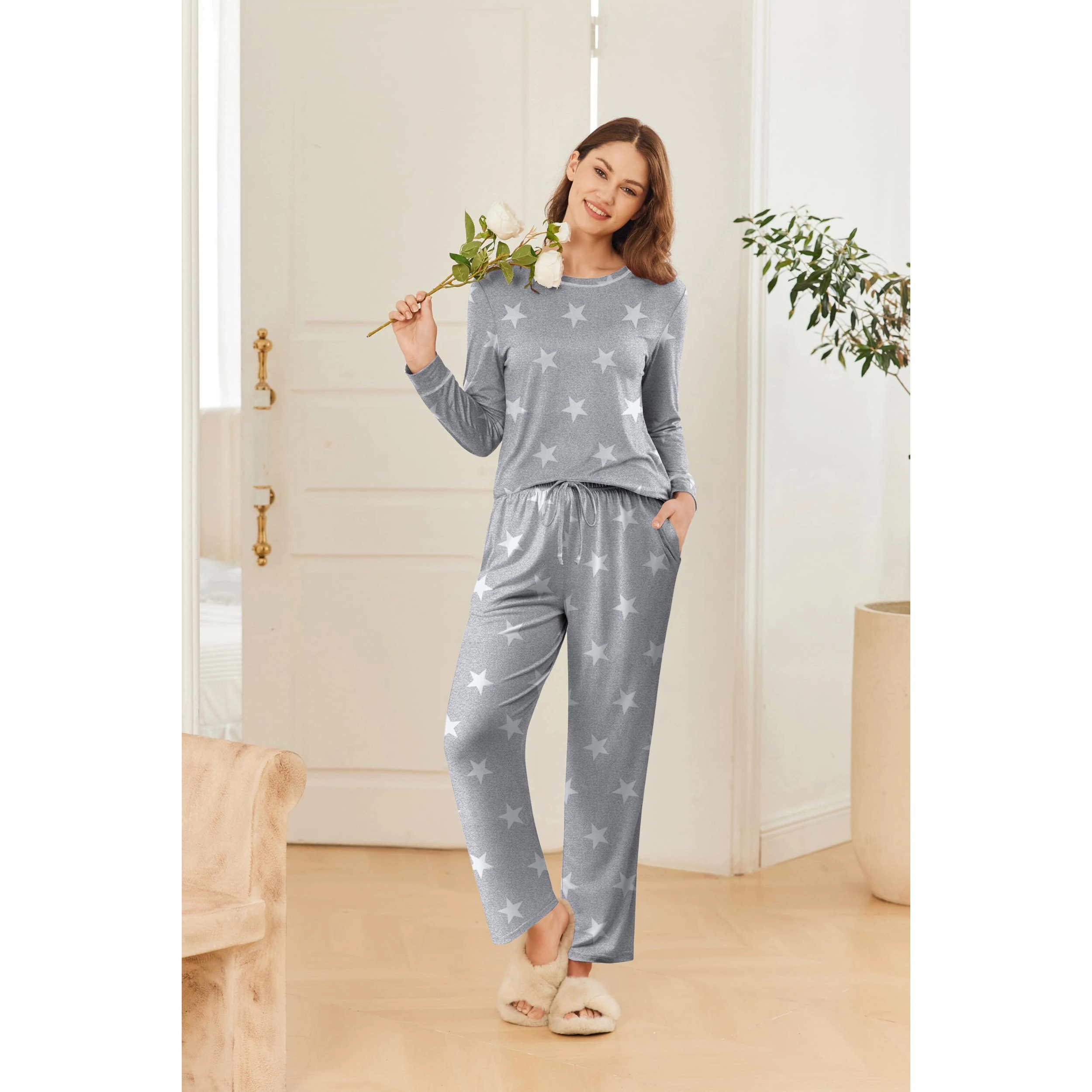Ekouaer Women's Crew Neck Long Sleeve Pajama Set with Pockets