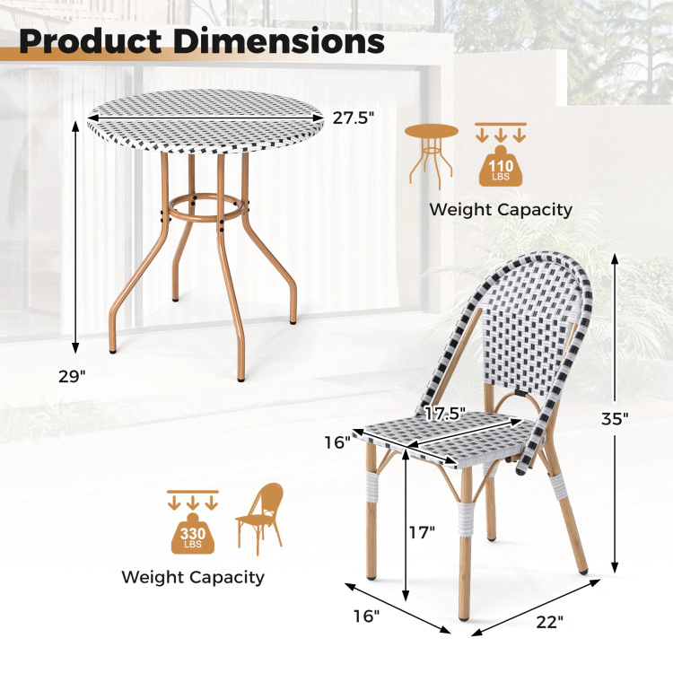 Hivvago 3 Piece French Bistro Table Chair Set With Outdoor Wicker Round Table And 2 Dining Chairs