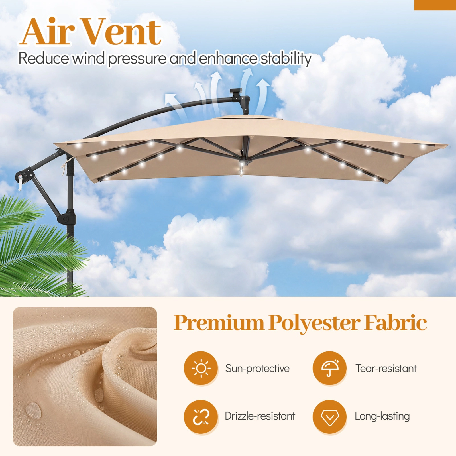 SUGIFT 8-ft Rustic Brown Square Solar LED Offset Patio Umbrella with 360-Degree Rotation and Sandbag Cross Base