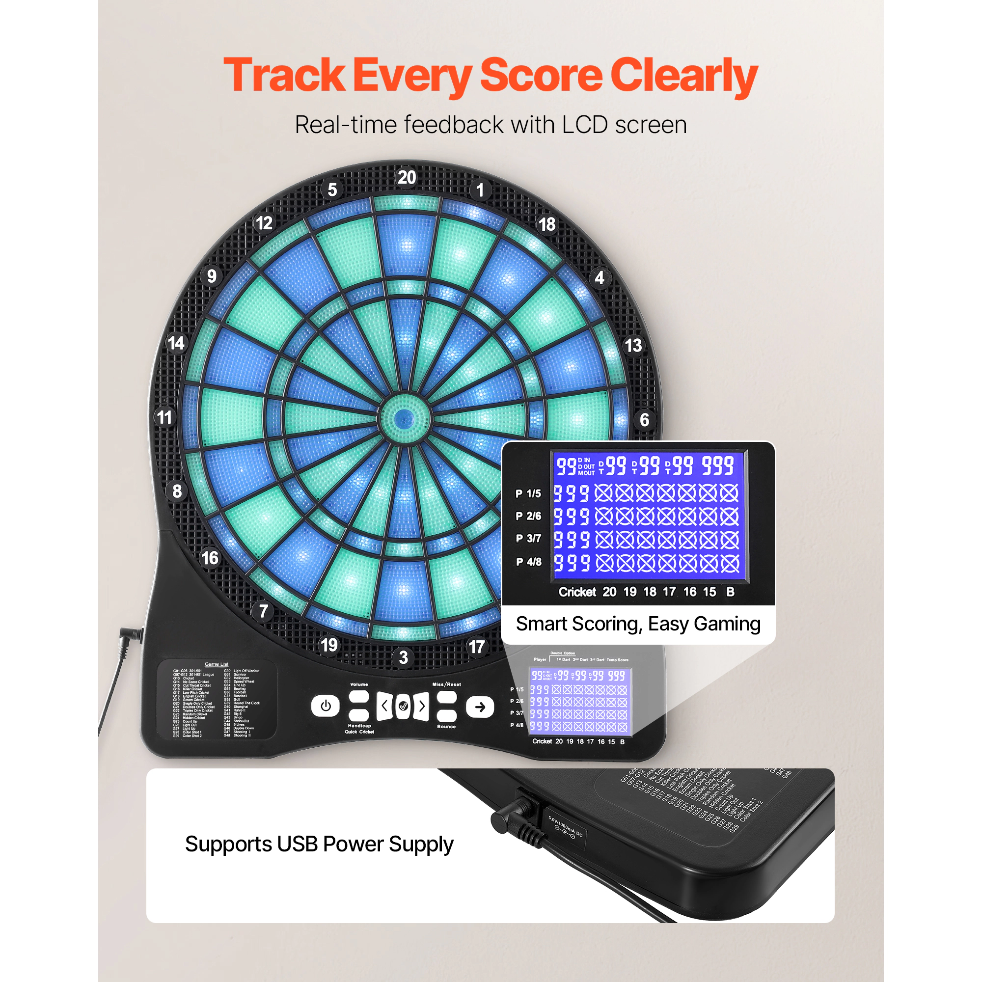 HONGGE 13.5-Inch Electronic Dart Board with LED-Lit Target and LCD Scoring Screen, 48 Games for 8 Players