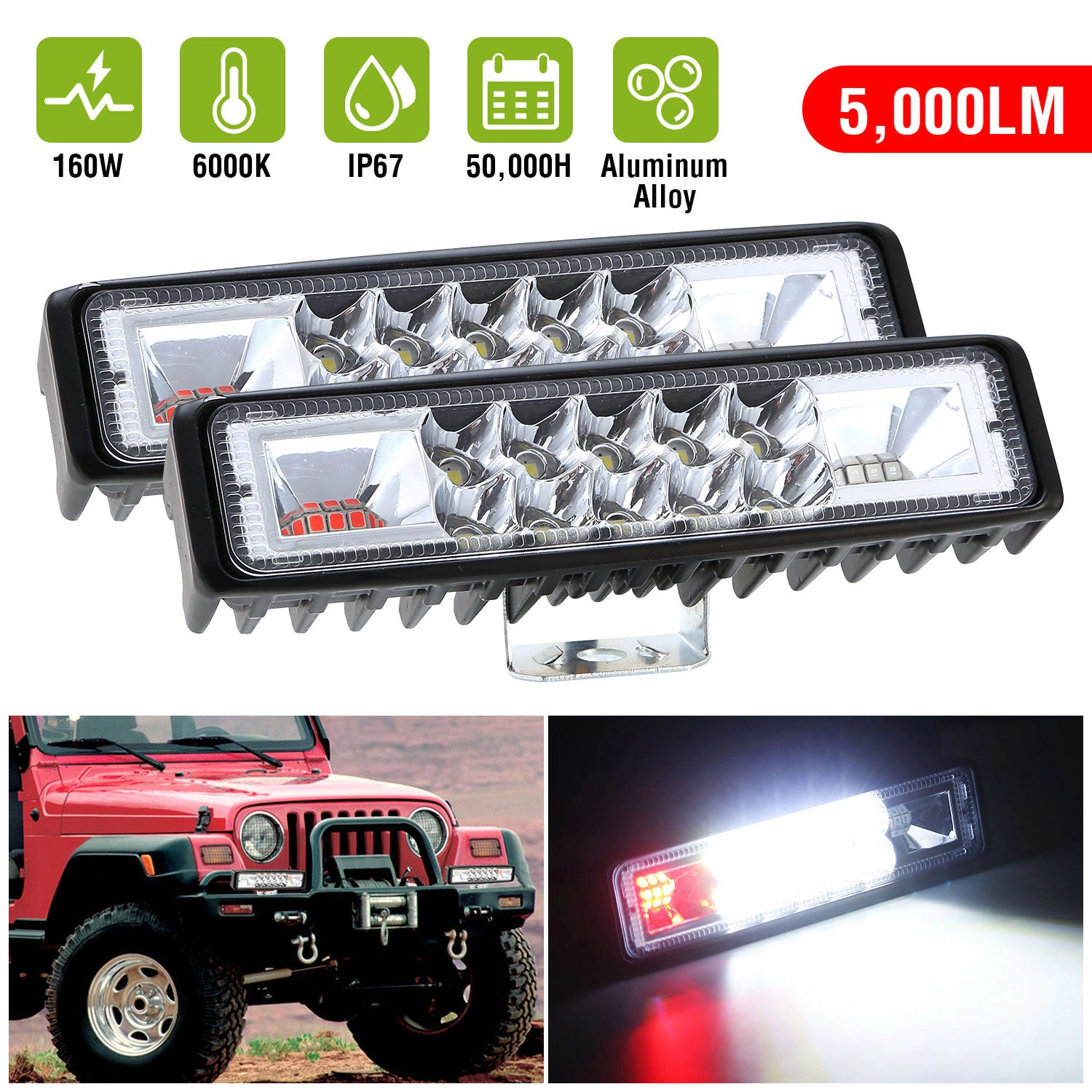 GBruno 6-Inch 160W LED Light Bar 2-Pack