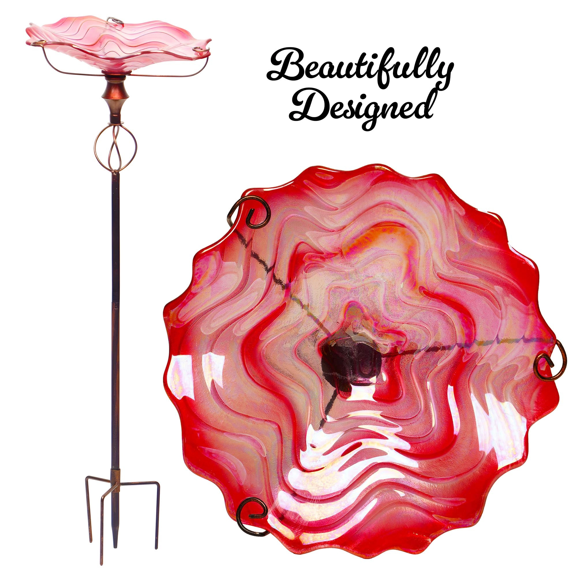 G128 32-Inch Pink Glass Bird Bath with Metal Stake - Decorative Outdoor Feeder and Fountain Bowl