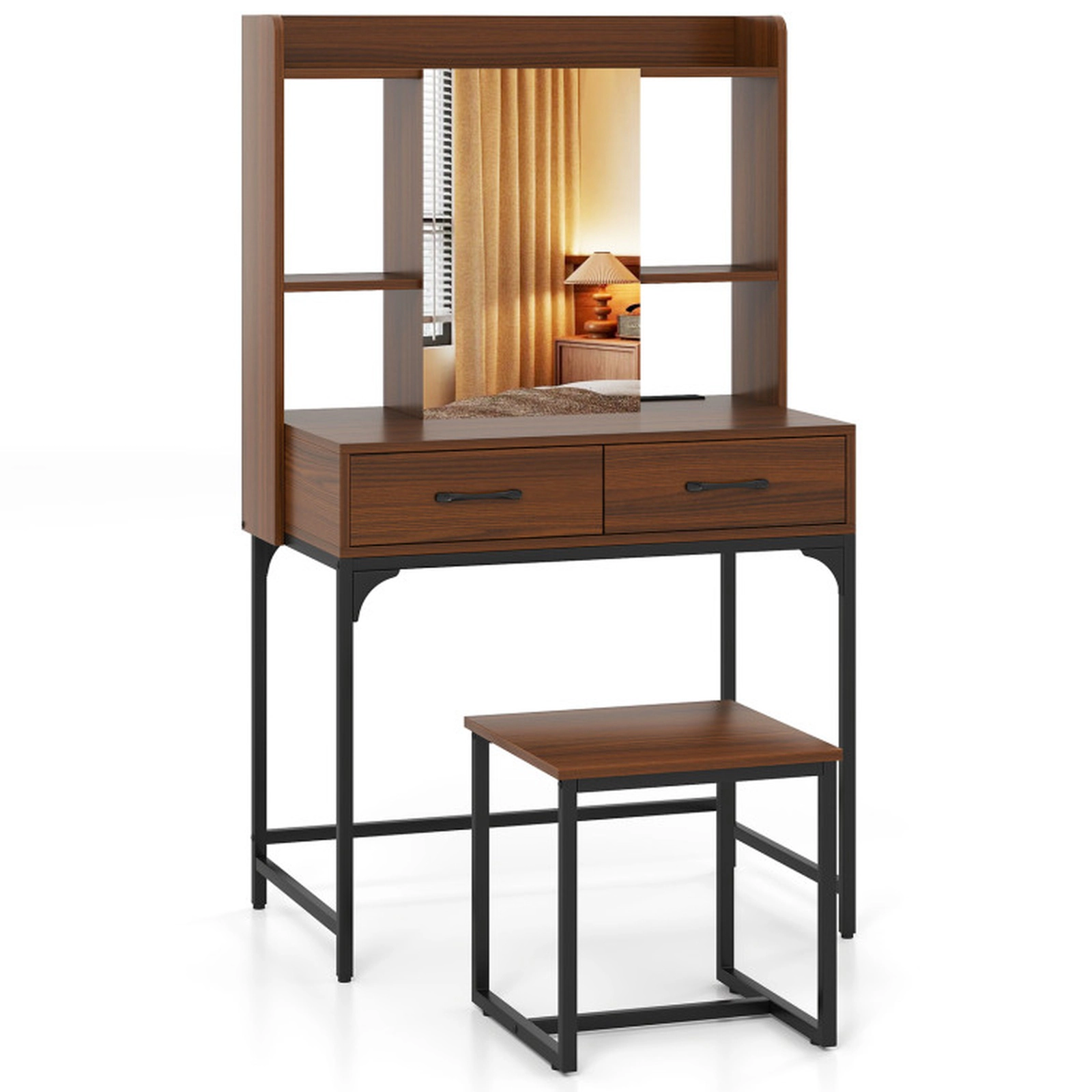 SUGIFT Vanity Desk Mirrored Cabinet, Storage Drawers & Charging Station 44-lb Tabletop Capacity with Stool White/Walnut