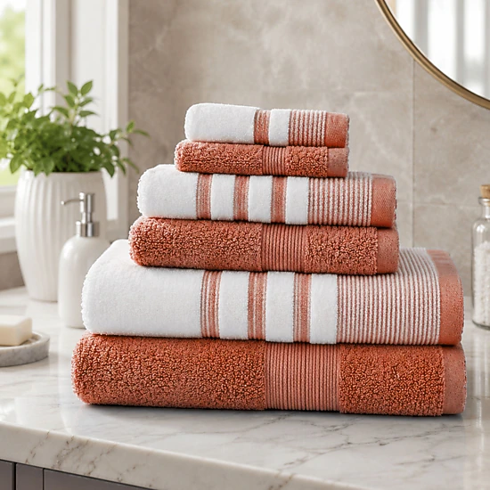 Plazatex Two Tone  Zero Twist 100% Cotton Soft & Absorbent 6 Piece Bathroom Towel Set Orange
