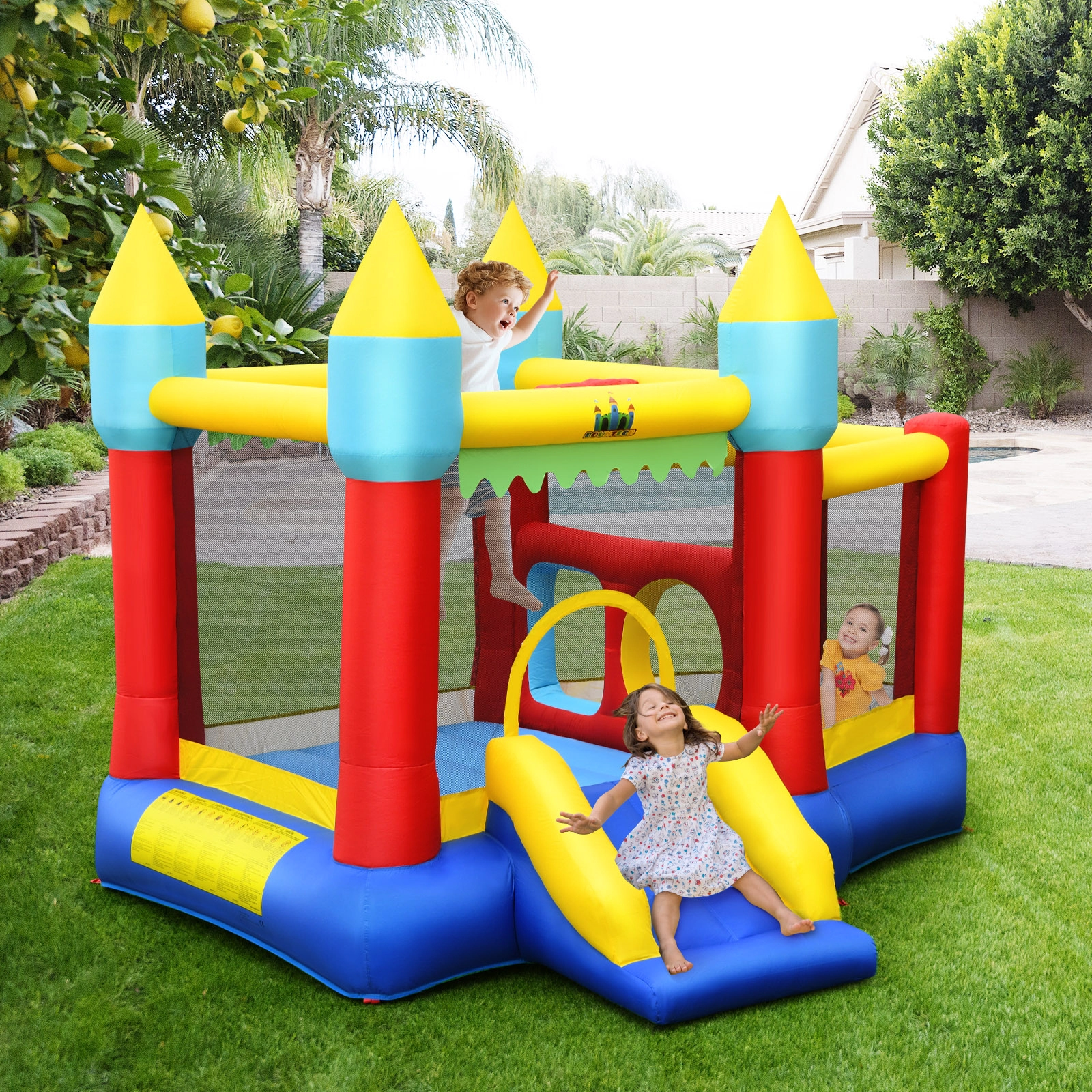 Kids Inflatable Bouncer with Jumping Area 100 Ocean Balls Basketball and 480W Blower for 3 Kids 300-lb Capacity Bounce