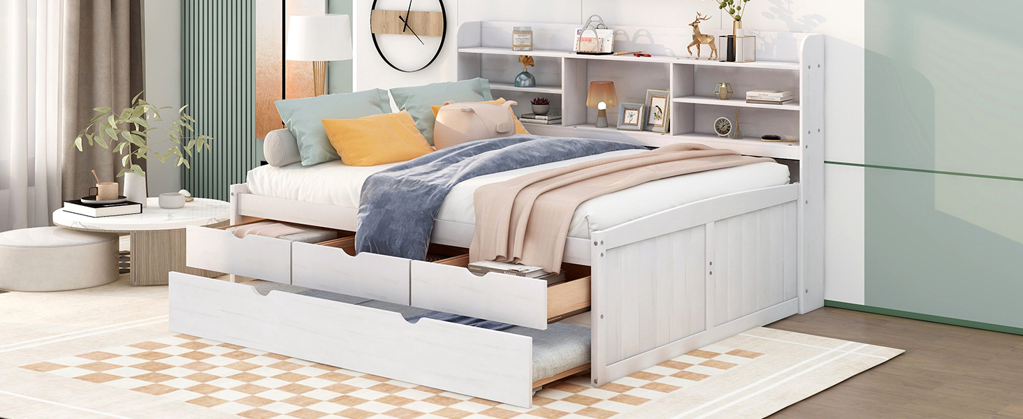 Flynama Full Wooden Captain Bed with Bookshelves, 3 Drawers & Trundle, White Wash