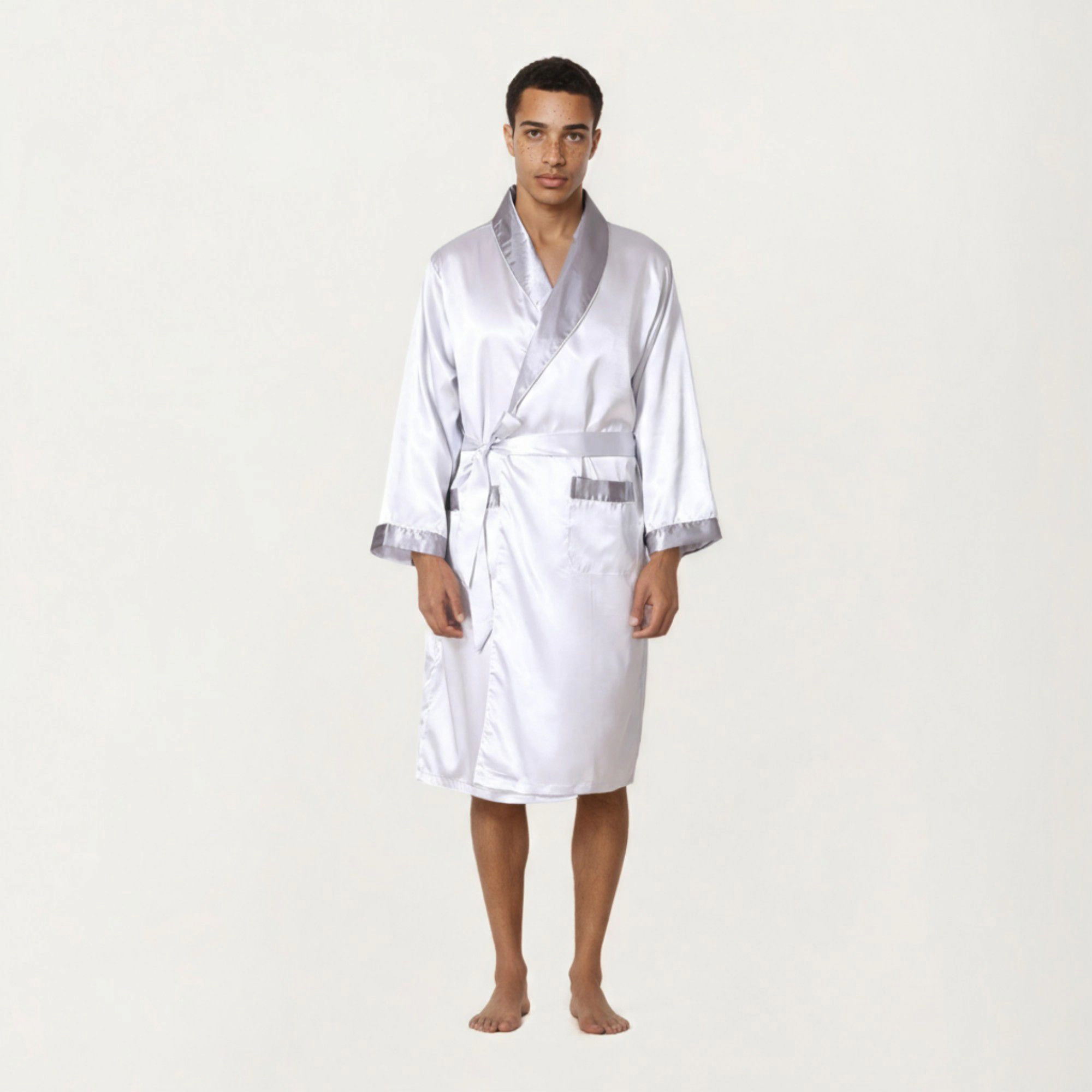 Anna-Kaci Men's Satin Robe with Shawl Collar Waist Tie and Front Pockets