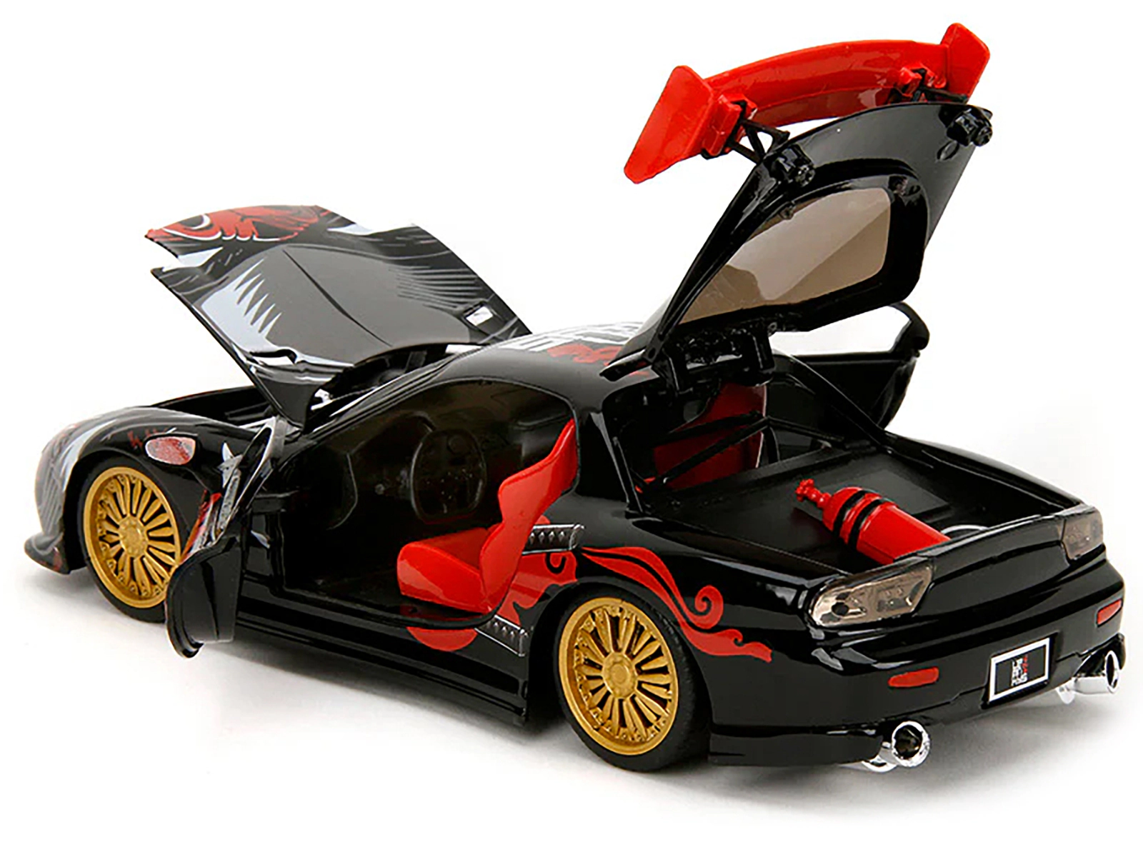 Jada 1993 Mazda RX-7 Black with Graphics "Lab Monkeys" with Saru Diecast Figure "Hollywood Rides" Series 1/24